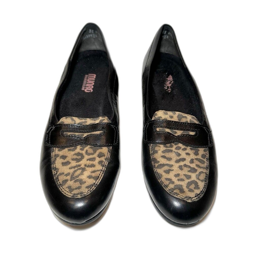 Munro American Carrie Black Leather Leopard Print Penny Loafers Women Size 11 SS